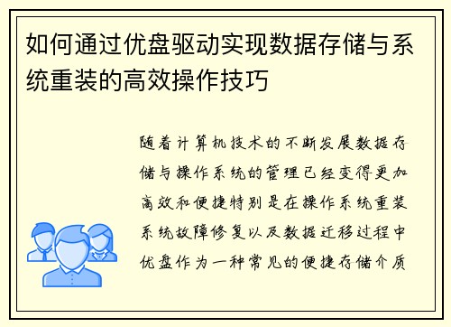 如何通过优盘驱动实现数据存储与系统重装的高效操作技巧